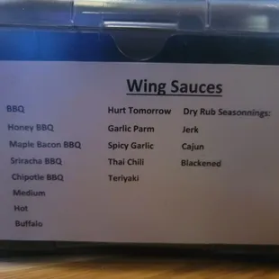 Wing sauce options as of 4/15/2021