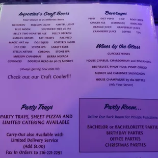 Menu as of October 2019.