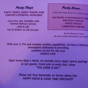 Menu as of October 2019.