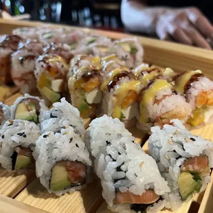 Salmon avocado jalapeño roll + Veggie Roll