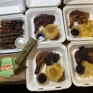 Chicken inasal plates, bbq sticks, isaw sticks, cassava flan, latik