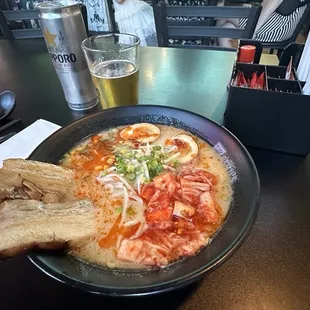 Ramen with Pork belly and chicken broth.