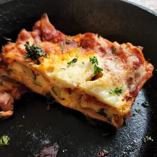 Half of the lasagna dish that I heated up.
