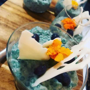 Butterfly Pea Flower Tapioca Pudding w/ White Chocolate &amp; Marigolds