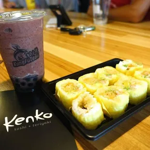 Sushi roll and red bean slushy