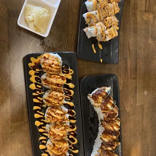 Hawaiian, dragon, and tiger roll.