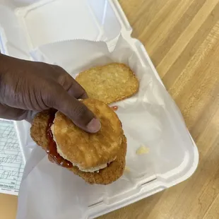 Chicken Patty Sandwich with Hash Browns