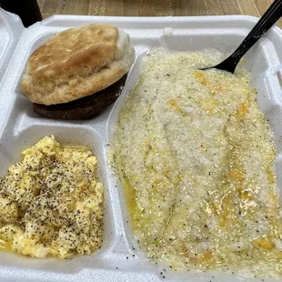 Breakfast Plate with biscuit, grits, and sausage patty