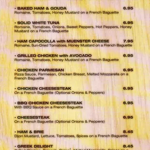 the menu of the restaurant