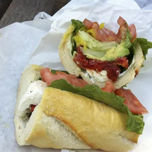 Veggie sandwich on French baguette.