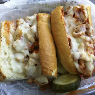 Chicken parm on French baguette.