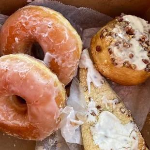 Raised glazed, walnut danish and pecan morning bun!