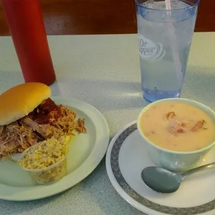 Pulled Pork Sandwich with relish and BBQ sauce, and Bean Soup