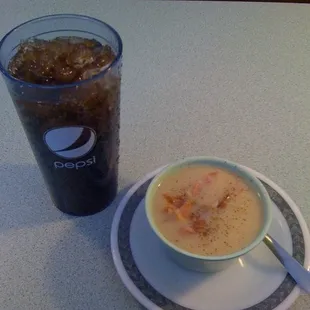 Bean soup with ham and a Pepsi.