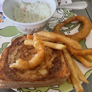 Ernie fixed tomato soup and grilled cheese sandwiches. I stopped and picked up fries, onion rings &amp; coke slaw to go with dinner at home.