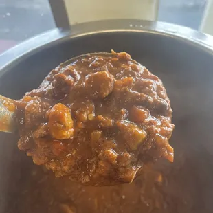 Mmmmmm, can you say chili?? Made from scratch, 4 types of meat, 3 types of pepper and 3 types of beans.