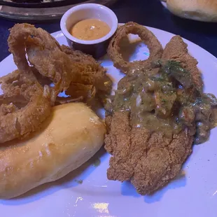 Big Ed's southern fried catfish with onion rings