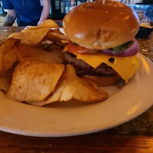 Burger with handmade chips