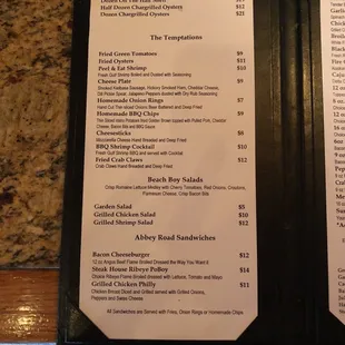 Oysters apps salads and Sandwiches as of August 14, 2018