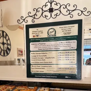 Menu and most recent pricing