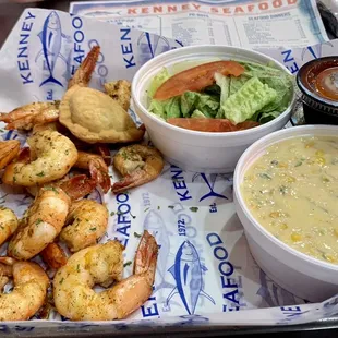 Grilled Shrimp Plate with side salad &amp; corn and crab bisque