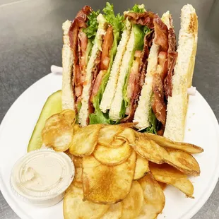 BLT Club sandwich with fresh cut Hot Chips and French onion dip from Kennsington Grille.