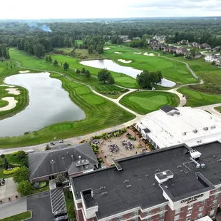 Aerial photo of Kennsington Golf course. Private event set up on Kennsington Grille patio.