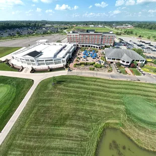 Aerial photo of our centrally located properties (left to right): Waypoint 4180 event center, Courtyard by Marriott, and Kennsington Grille