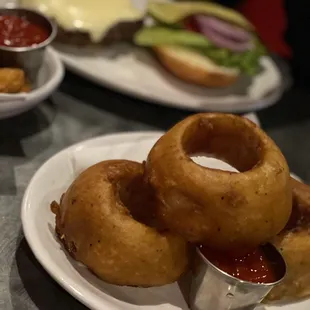 Cheese burger Royale and Half order of onion rings