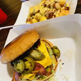 Double Cheeseburger, chili cheese tots.