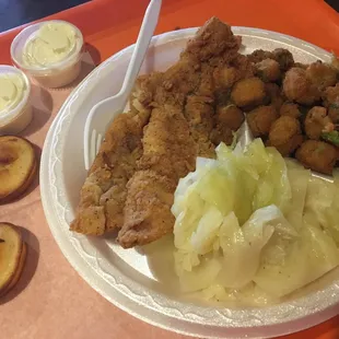 Fried Fish, cabbage, fried okra, corn muffins.