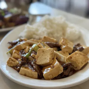 a plate of tofu and rice