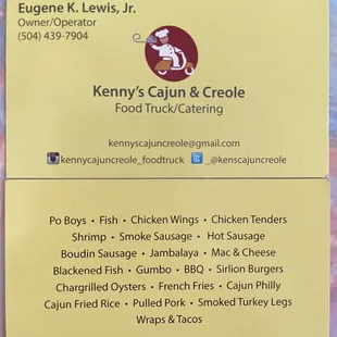 Contact info for catering and what they offer! IG is outdated, to find where they are for the day follow @kennyscajuncreole_onthegeaux