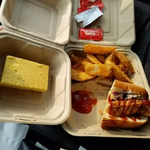 Chicken sandwich. Cornbread.