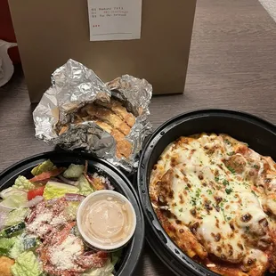My Baked Ziti (No Sausage), House Salad, and Homemade Bread