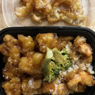 All the flavor is in the breading. Pictured is the breading (top) Too Much! Only a few pieces of broccoli in the General Tso&apos;s Shrimp.