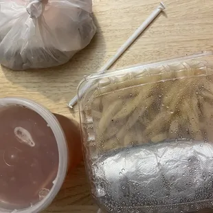 Homemade Lemon Iced Tea and Steak and Cheese Sub with fries. Well packaged and hot.
