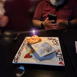 Our bread pudding à la mode celebratory complementary dessert