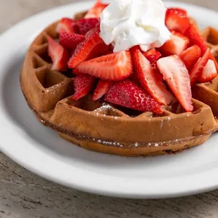 Sweet Breakfast Waffles with Strawberry and Whipped Cream toppings!