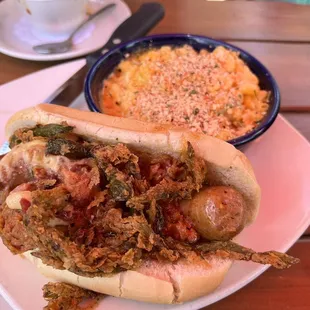 Sausage with side of Mac and cheese