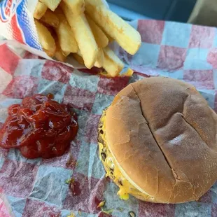 Slaw cheeseburger and fries