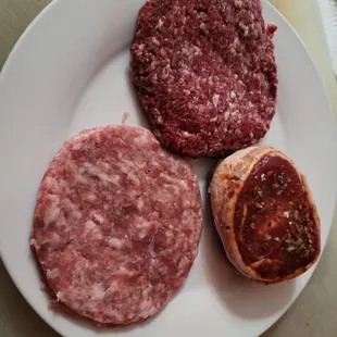 Brat burger bottom left Steakhouse bacon burger top  Bottom right pork filet wrapped in bacon.  Buy them all! Perfect for grilling.