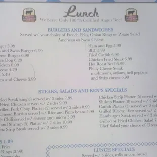 a menu for lunch