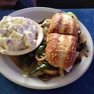 Philly cheesesteak with potato salad