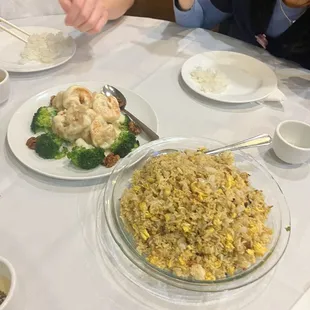 Honey walnut shrimp + salted fish fried rice