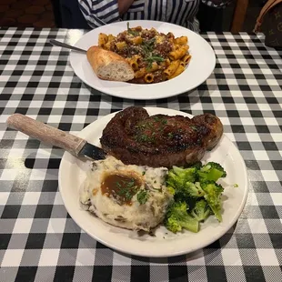 Rib Eye Steak Dinner, Pasta Bolognese.