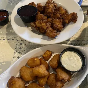 Popcorn chicken and corn fritters, very good.