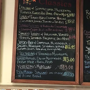 Menu - cold sandwiches