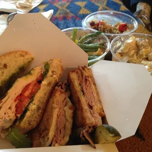 Turkey, Arugula, Basil Pesto on a Deli roll. Roast beef panini w/ caramelized onions &amp; Jack cheese.