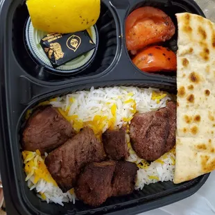 This is $18.50 plus tax and tip. So $23 for 5 little pieces of meat and a few cents worth of rice and pita? Ridiculous. Never again.